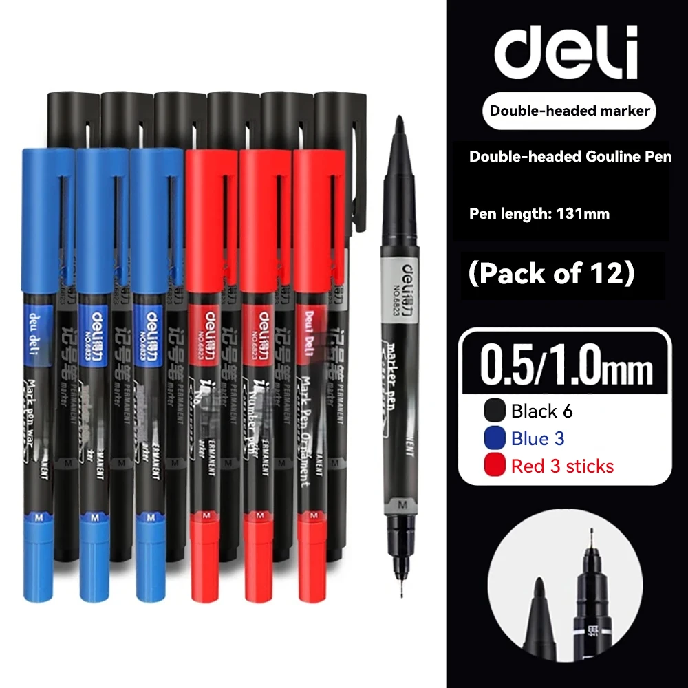 12Pcs Twin Tip Permanent Marker Black/Blue/Red Oil Marker Pen Fine Nid Marker Ink Drawing Pen Stationery School Office Supplies