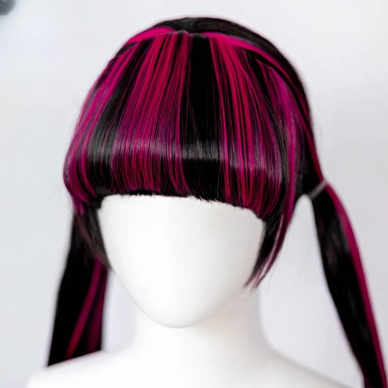 REEWES 40inch  Long Black Pink stright synthetic Hair Monster High Draculaura Wig With Bang For Teen Cosplay Halloween Costume