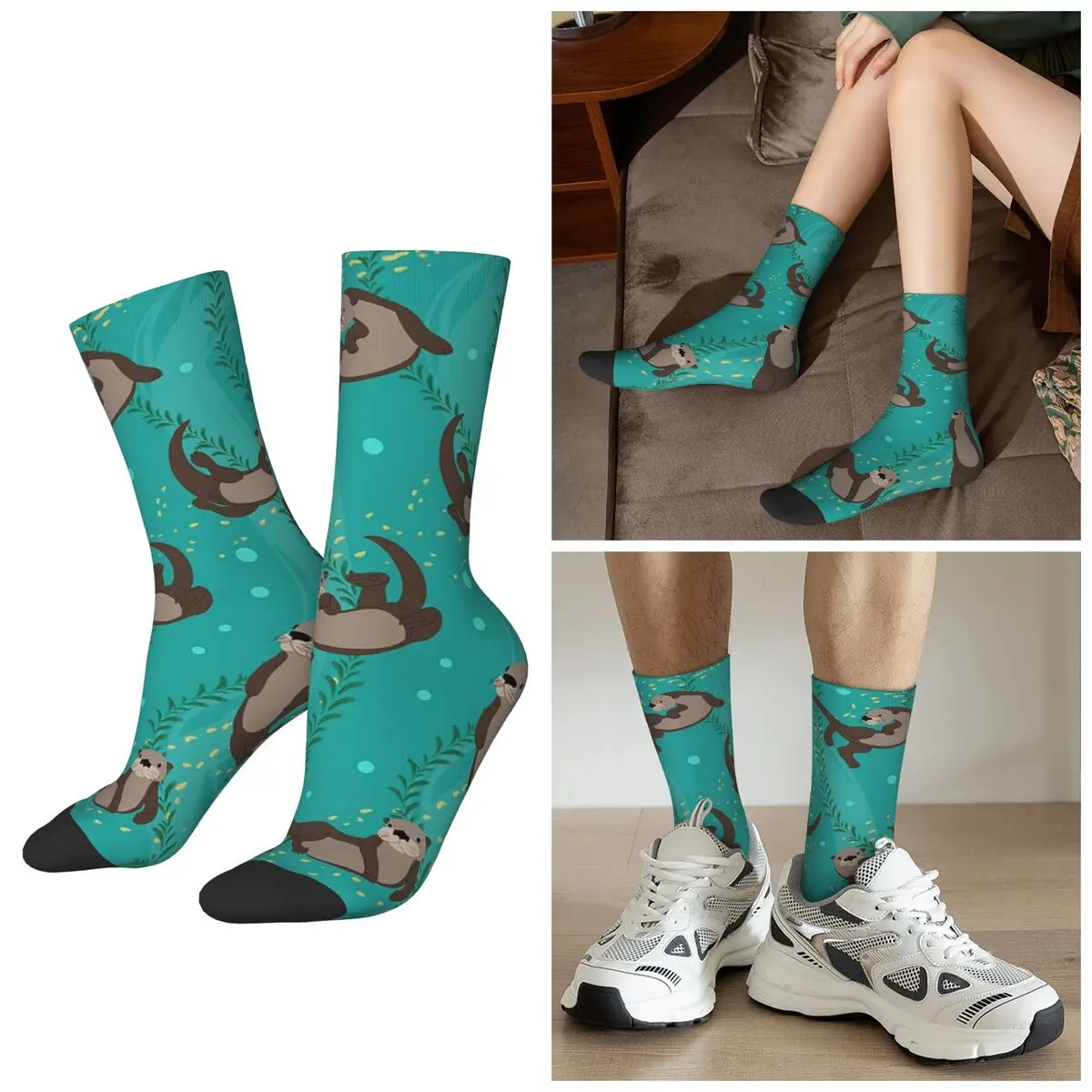 All Seasons Cartoon Swimming Otters Socks Harajuku Sport Middle Tube Socks Casual Stockings for Men Women Valentine's Day Gifts