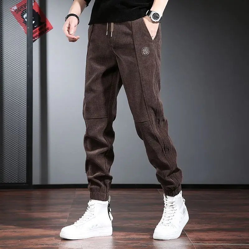 Trend Fashion Autumn New Men Solid Corduroy Elastic Waist Pocket Label Drawstring Versatile Sports Casual Loose Bound Feet Pants