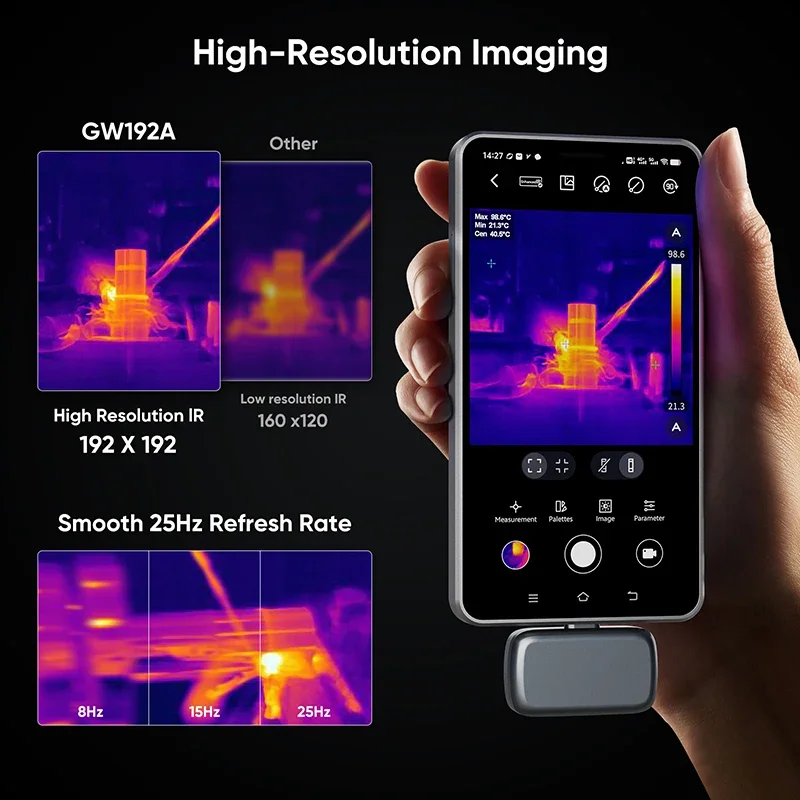 192*192 Android Mobile Thermal Imager Camera 25HZ for Pipe Heating Solar Panel Power Inspect Temperature Instruments