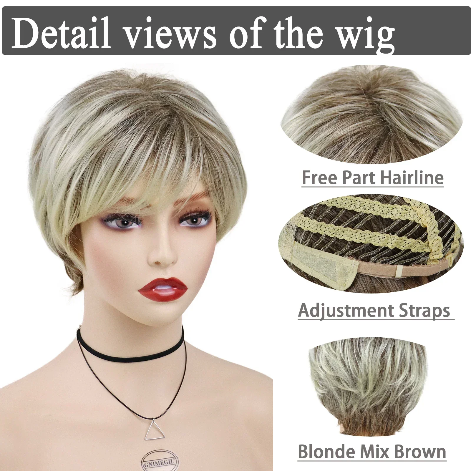 GNIMEGIL Syntetyczne krótkie peruki z fryzurą Pixie dla kobiet Blond Mix Brown Hair Peruka z grzywką Natural Daily Party Use Casual Mommy Wig