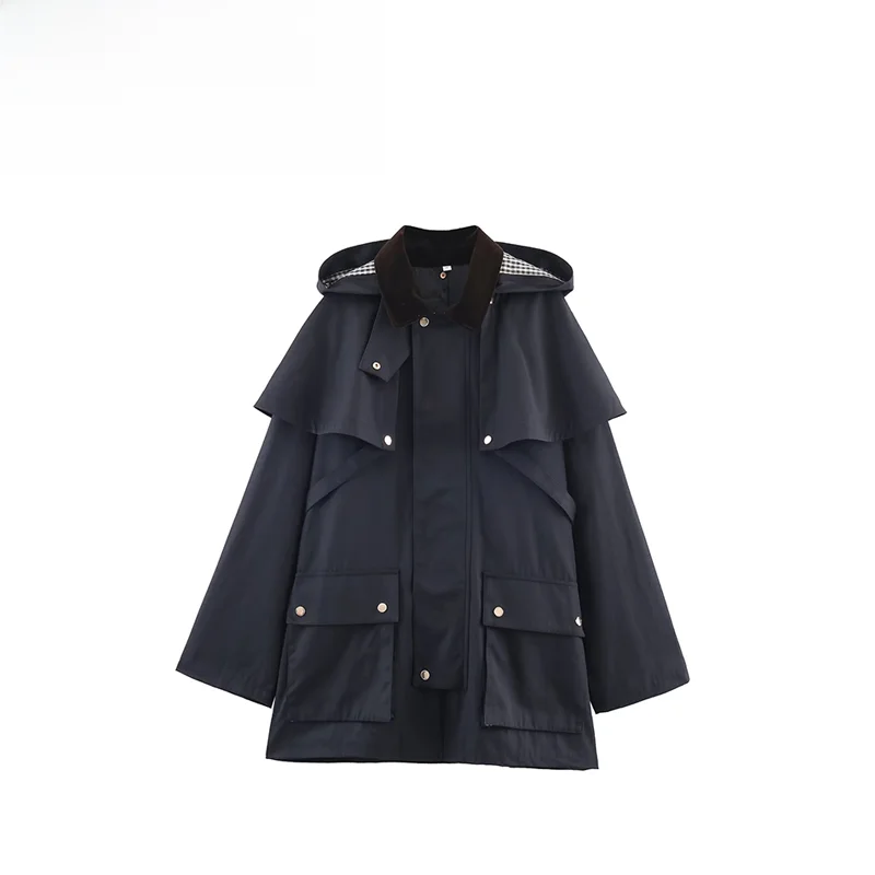 

Модное осеннее женское пальто с капюшоном и воротником, универсальное ветрозащитное пальто из полиэфирного волокна для женщин