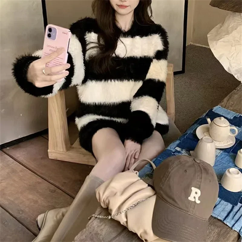 

Lazy striped imitation mink velvet pullover sweater for women, retro style knitwear for women, autumn and winter