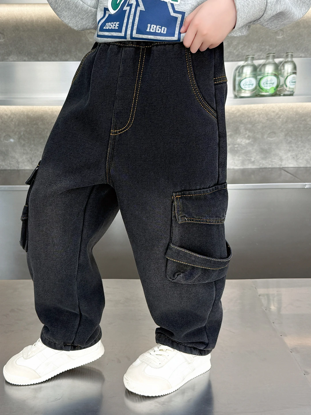 

Утепленные джинсы из цветного денима на флисовой подкладке для мальчиков, осенне-зимние, модные рабочие брюки, повседневные молодежные штаны свободного кроя