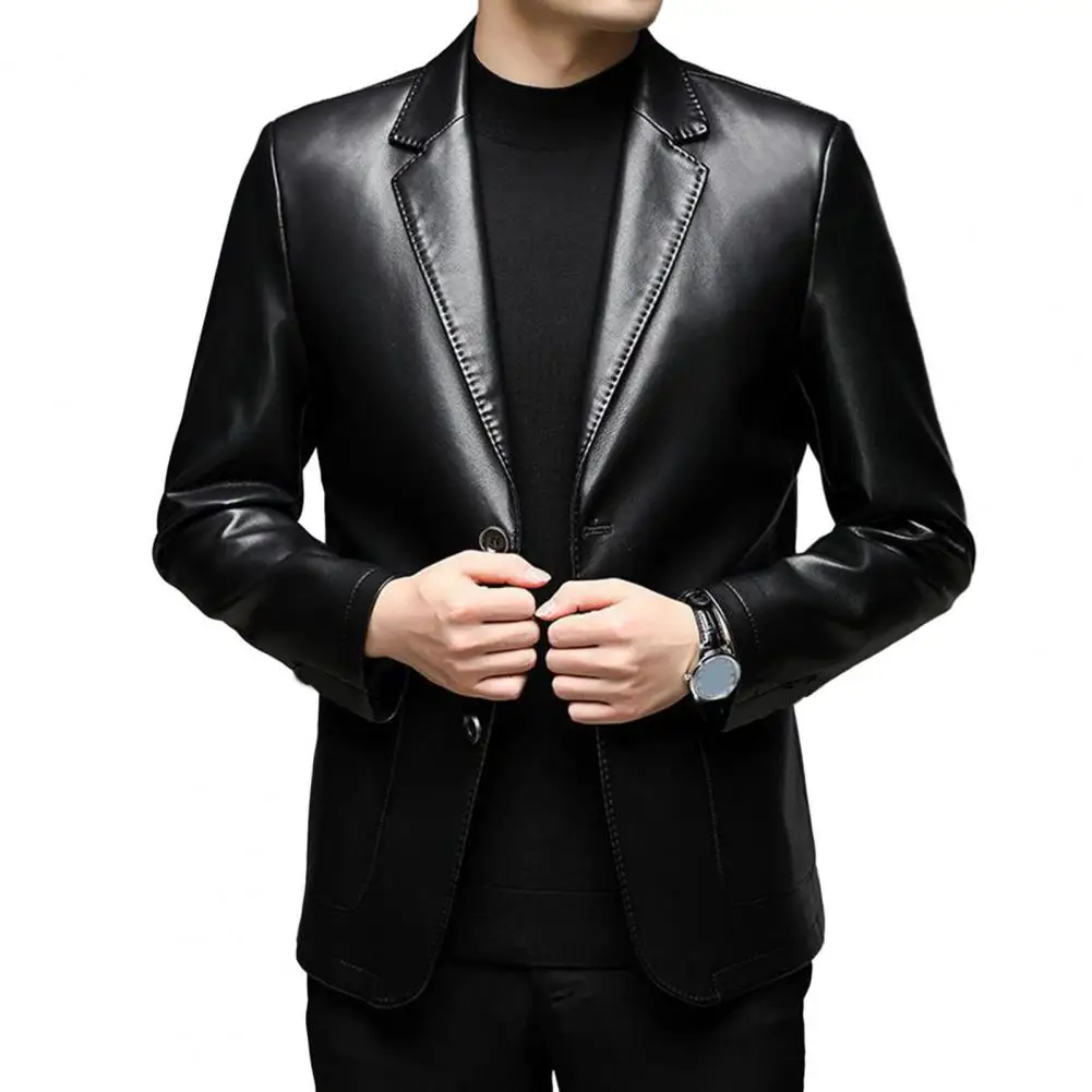 Men Jacket Stylish Lapel Collar Men's Jacket with Button Cuffs Pocket Faux Leather Coat for Outdoor Business