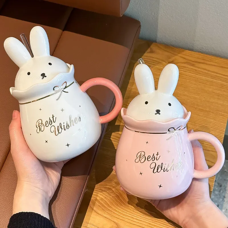 580ml Cute Rabbit Mug With Lid Cartoon Ceramic Cup  Children's Breakfast Milk Water Cups Coffee Mugs Birthday Gifts For Women