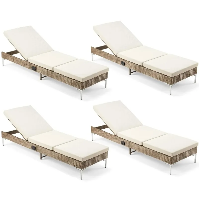 Outdoor Adjustable Backrest Rattan Chaise Lounge Set Of 4 Patio Pool Sunbathing Chair With Removable Cushion