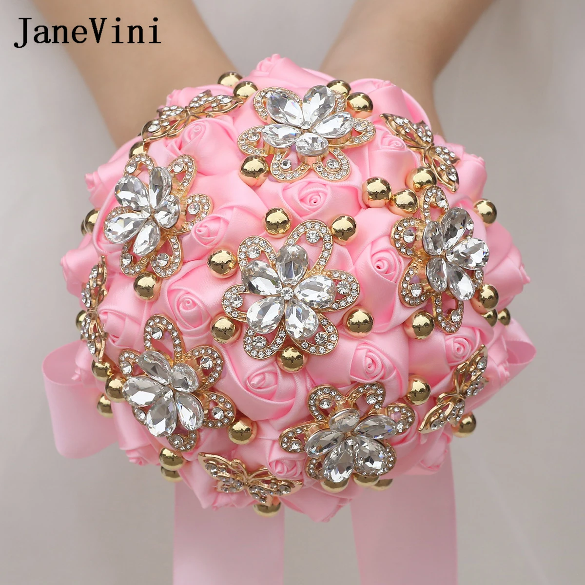 janevini-高級スイートピンクブライダルブーケクリスタルアクセサリーラインストーンサテンローズブライズメイド花嫁の花ウェディングブーケ