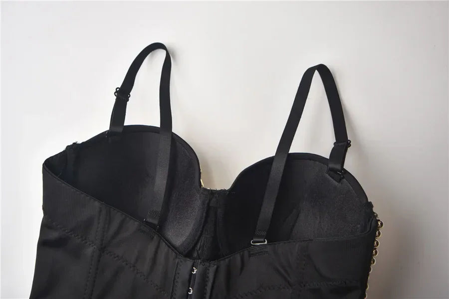 골드 비즈 & 라인 석 Bustier 자르기 탑 여성 속옷 섹시한 푸시 업 브래지어 무대 파티 클럽 락 레이브 럭셔리 Bralette 스트랩