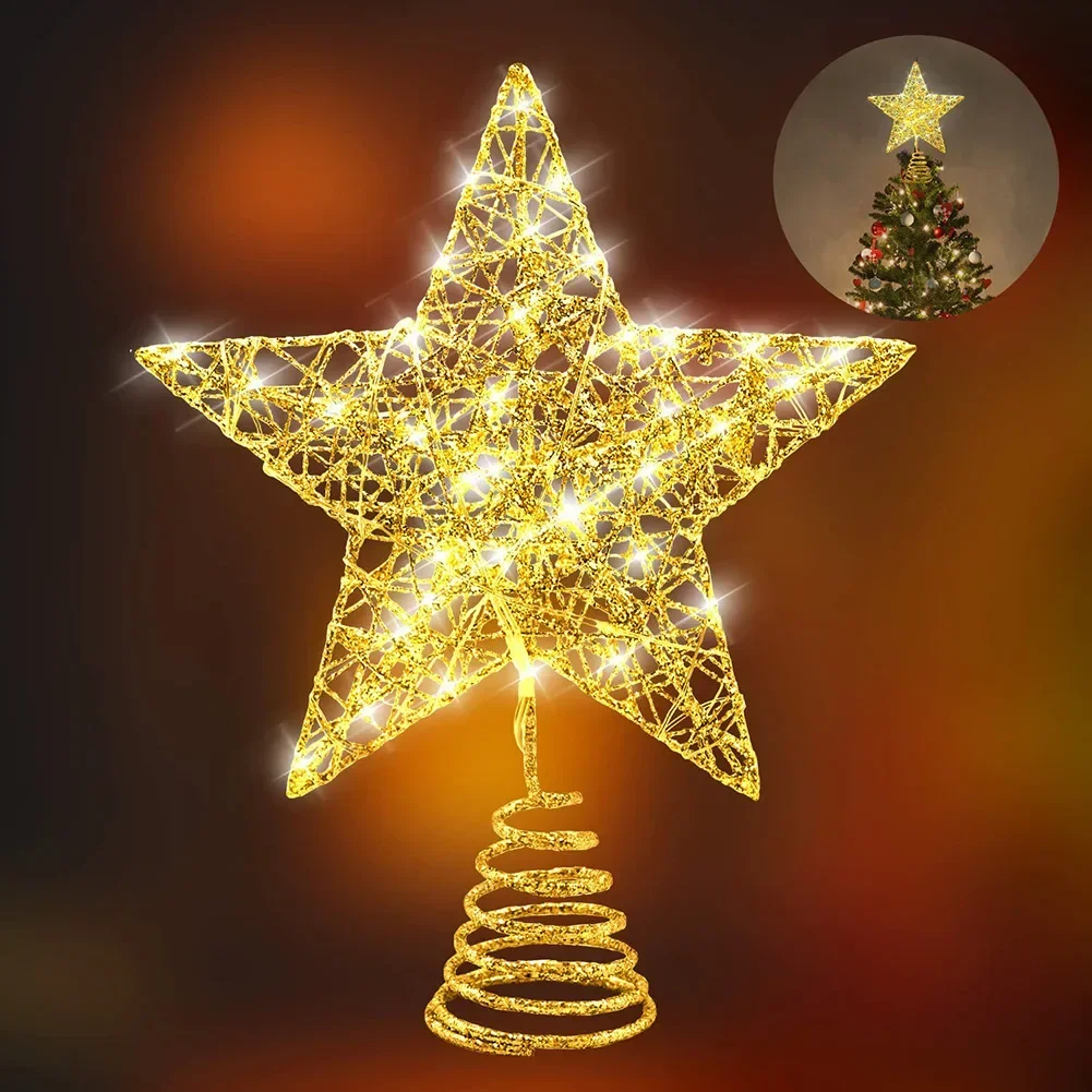 

Iron Glitter Powder Christmas Tree Topper Star with LED Copper Wire Lights Merry Christmas Tree Decor for Home Navidad Ornaments