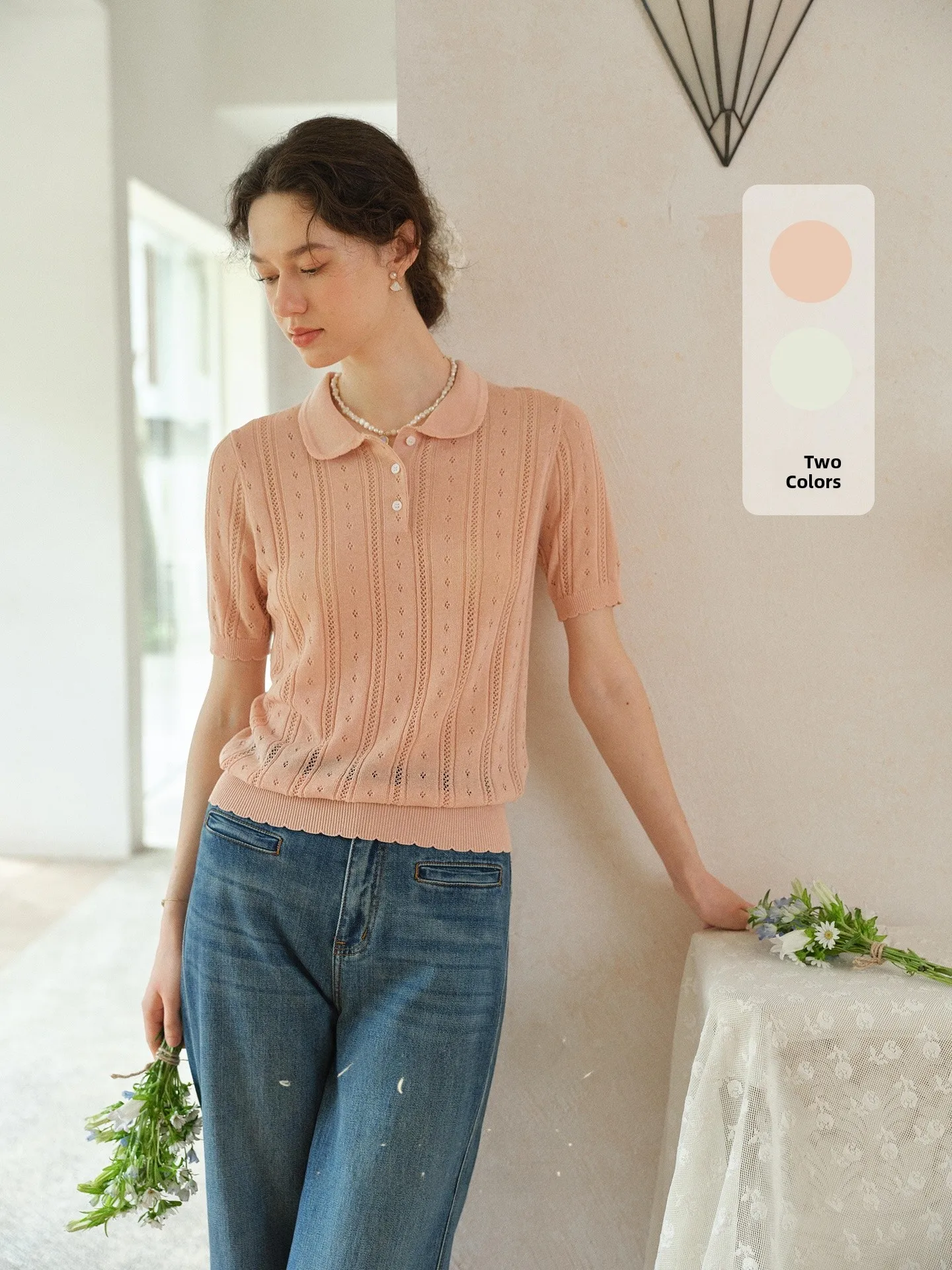 

SimpleRetro Summer Bell Soft Linen Neck Hollow Knitted Sweater Women's Top French Style Loose Fit Short Sleeve