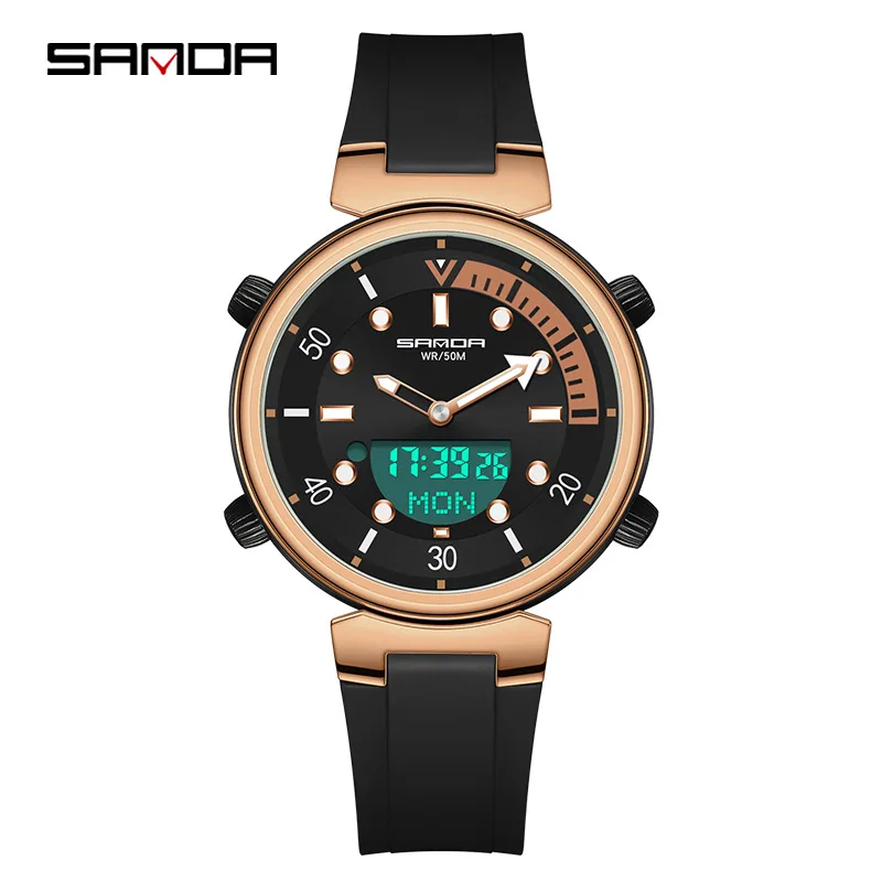 SANDA 2025 New Dual Display Watch for Men and Women with Electronic and Quartz Movement, 50m Waterproof Luminous Student Watch