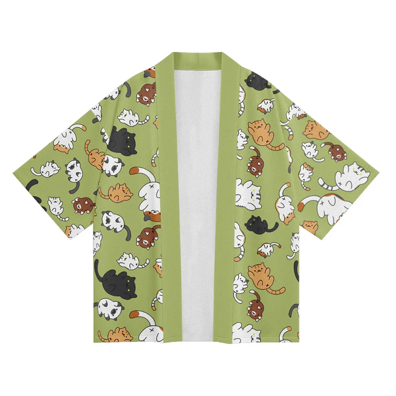 National Trend Cartoon Cat Print Small Feather Woven Kimono camicia da uomo KIMono Dao Robe Trend All Over The Coat Top