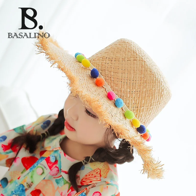 子供用麦わら帽子ビーチバケーション日焼け止めアウトドアハットカラフルなブークレハット甘くてかわいい漫画スタイルラウンドトップ