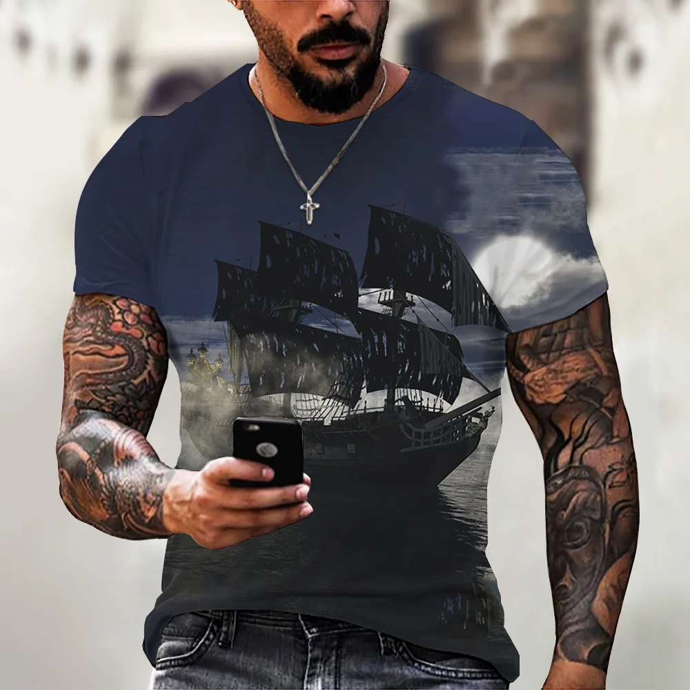 Camisetas Vintage de barco para hombre, Camiseta de manga corta con cuello redondo y estampado 3D de barco pirata para hombre, camisetas de gran