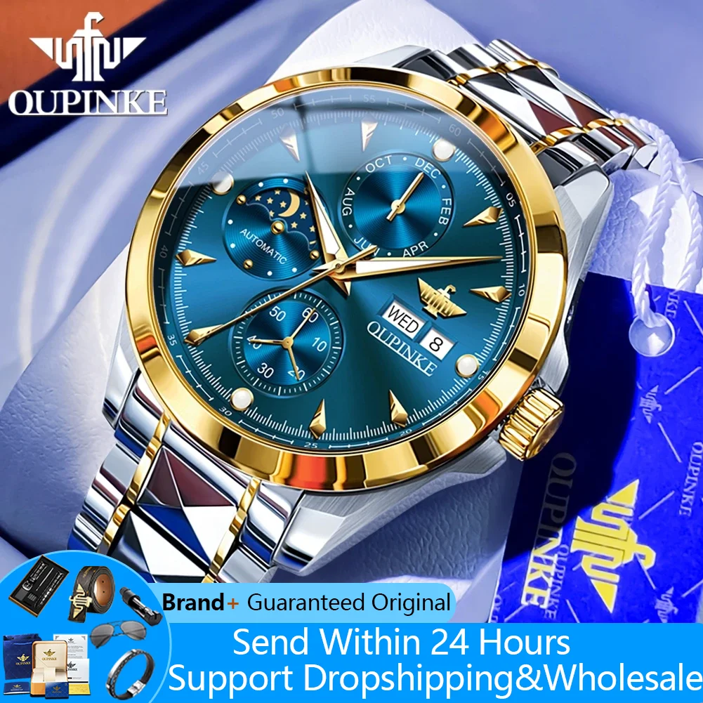 

OUPINKE 3299 Moon Phase Automatic Man Watch Waterproof Dual Calendar Chronograph Luxury Original Brand Mechanical Men's Watches