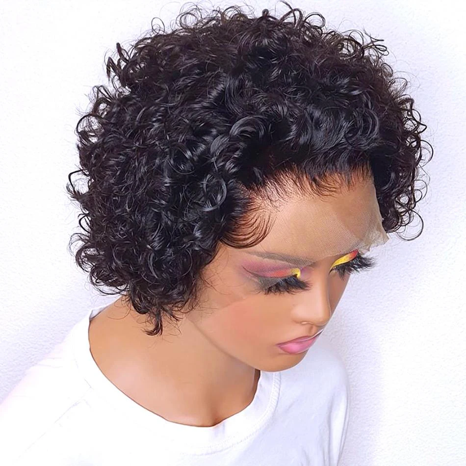 

Short Pixie Cut Wig Curly Human Hair Wigs Cheap Short Wigs Human Hair 180% Density 13x1 Frontal Transparent Lace Wig For Women