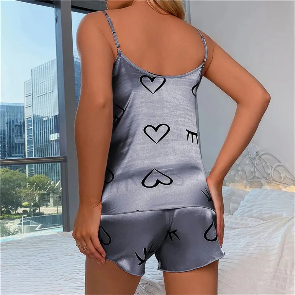 Conjunto de pijama con estampado de corazón para mujer, ropa de dormir Sexy, Top de satén de seda y pantalones cortos, trajes de dormir, ropa