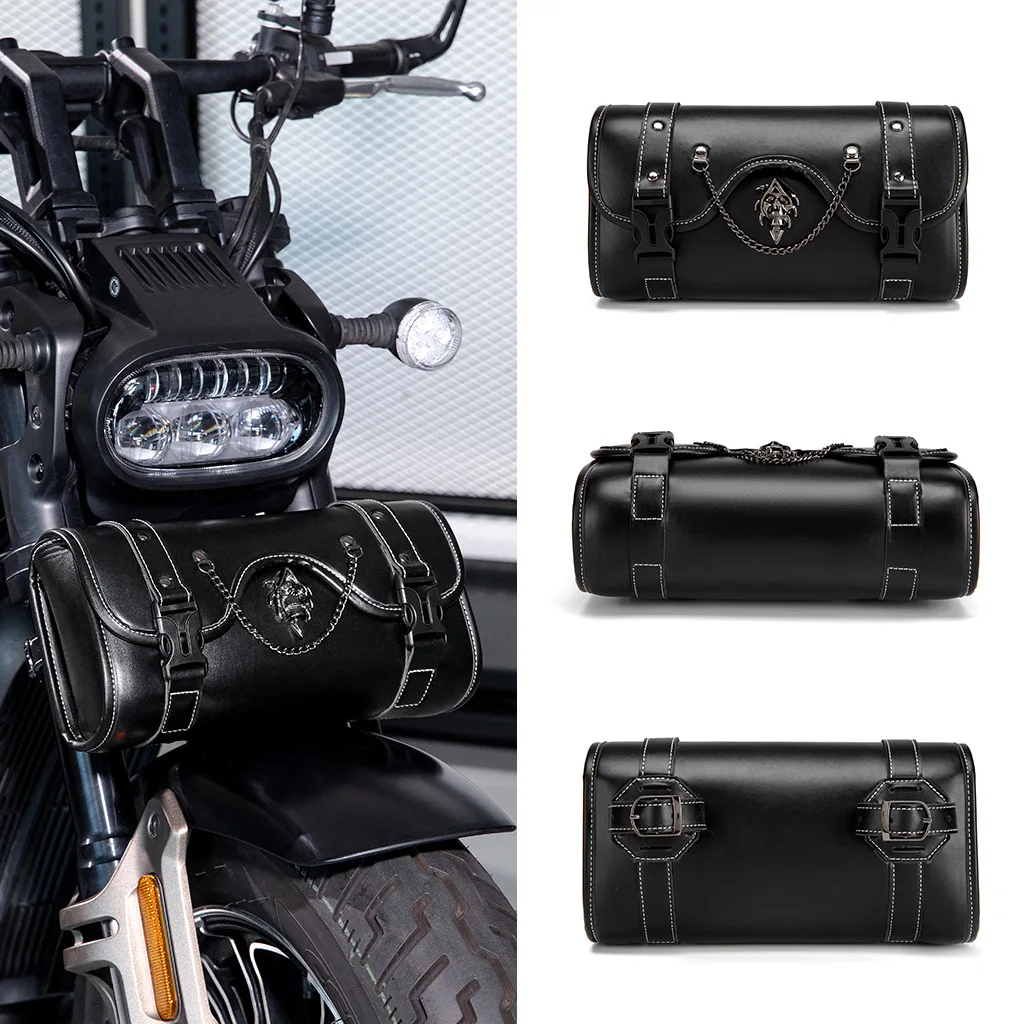 3D Reaper Skull Punk Chain Motorcycle Handlebar Cylindrical Bag Front Fork Tool Pouch Install Straps (Buy 2 for One Pair)