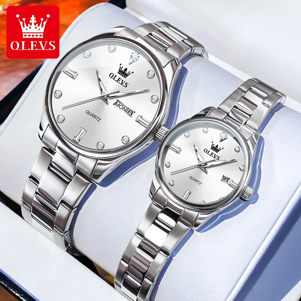 OLEVS 3621 Fashion Romantic Couple Watch Date Waterproof Stainless Steel Luxury Men and Women Watches Original Quartz Wristwatch