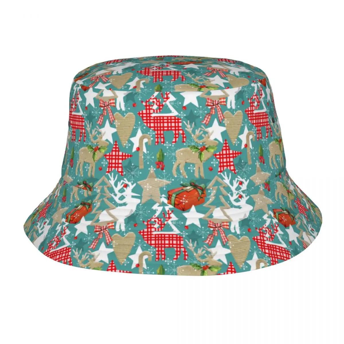 

Bucket Hat Unisex Bob Cap Hip Hop Gorros Christmas Reindeer Forest Collage Vintage Pattern Panama Cap Beach Sun Fishing Hat