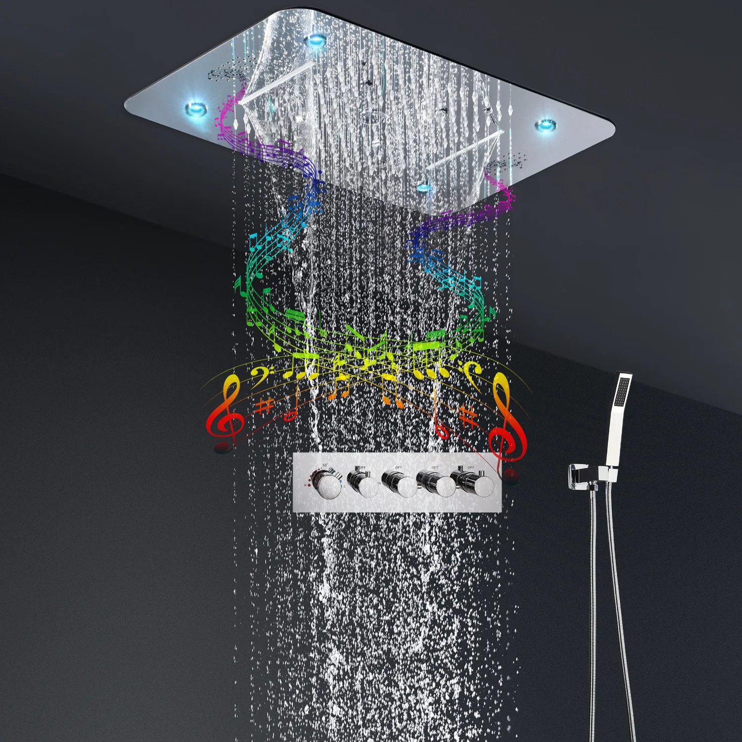 

hm High Quality Modern Ceiling LED Shower Set Bath Waterfall Rain Shower Head Bluetooth Music Thermostatic Shower Faucets System