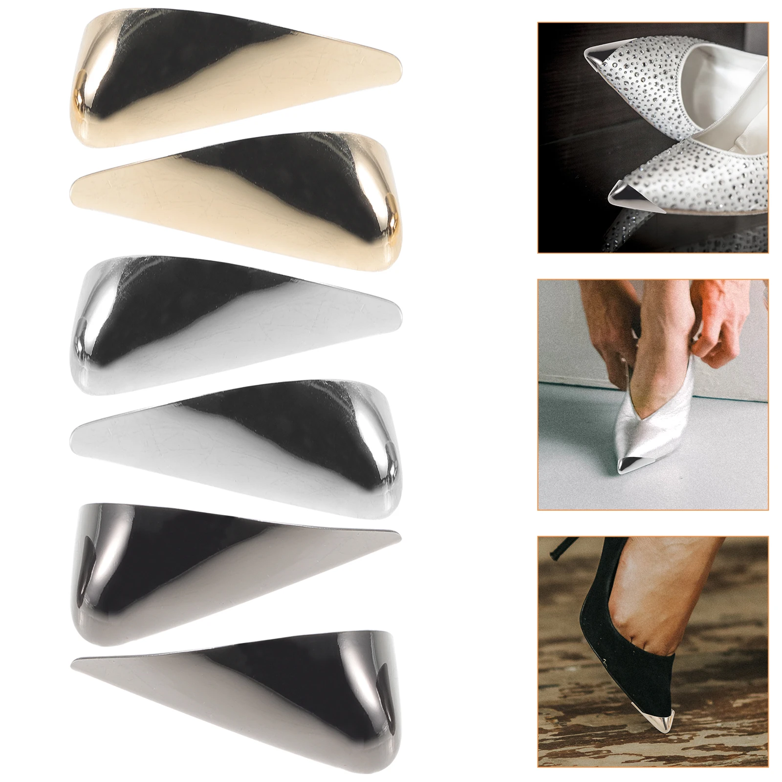 

3 Pairs Metal Shoe Toe Protectors Golden Silver Color Pointed Heel Covers High Heel Tip Protectors Shoe Repair Accessories