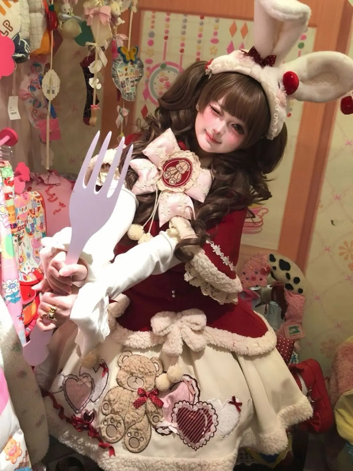 Cute Bunny Ear Hood Cloak Lolita Outfit Heart Blast Design Plush Trim Sleeveless Dress For Christmas Theme Photoshoot - view 3