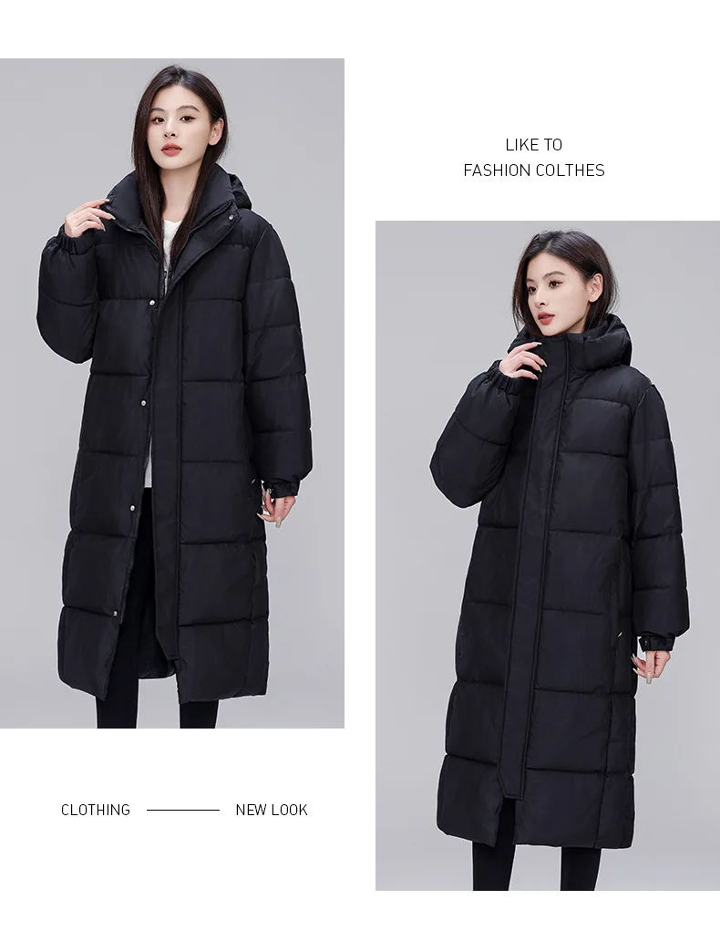 Winter Long Puffer Coat for Women Hooded Quilted Windproof Warm Zip Up Outerwear Russian Cold Weather Snow Jacket Over Knee Cozy