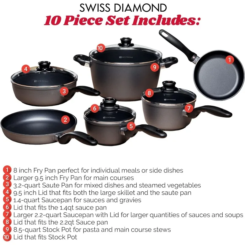 10 Piece Nonstick Cookware Set - Diamond Enforced Aluminum Non Stick Pots and Pan Set, Dishwasher Safe and Oven Safe Pans Set