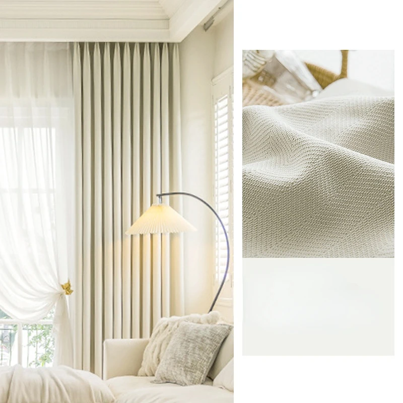 

Original thickened cream wind herringbone pattern chenille curtain cloth Japanese living room bedroom shading sunscreen yy