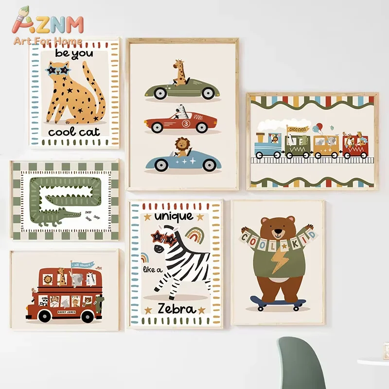 1 Stück Lustige Cartoon-Tiere Auto Bus Kinderzimmer Wandkunst Leinwanddruck Leopard Bär Zebra Poster & Drucke Bilder Kinderzimmer Deko