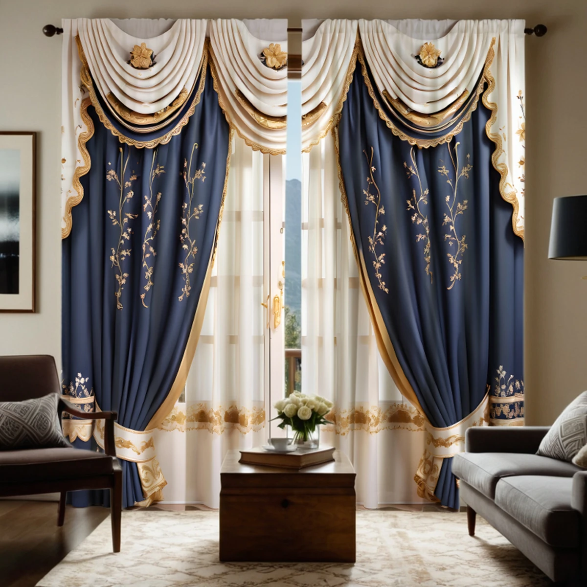 

2-piece HD digital blue luxurious palace luxury curtain home decoration style decoration living room bedroom wear rod curtain ef