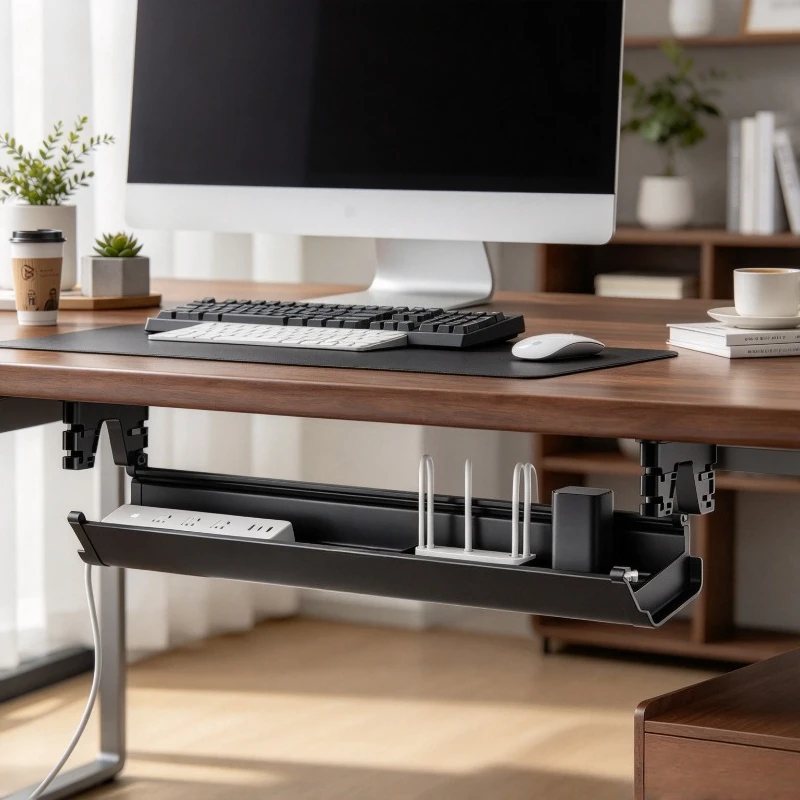 Under Desk Cable Tray No Drill Power Strip Organizer for Hidden Wire Storage Easy Cleaning and Tidy Computer Workstation Setup