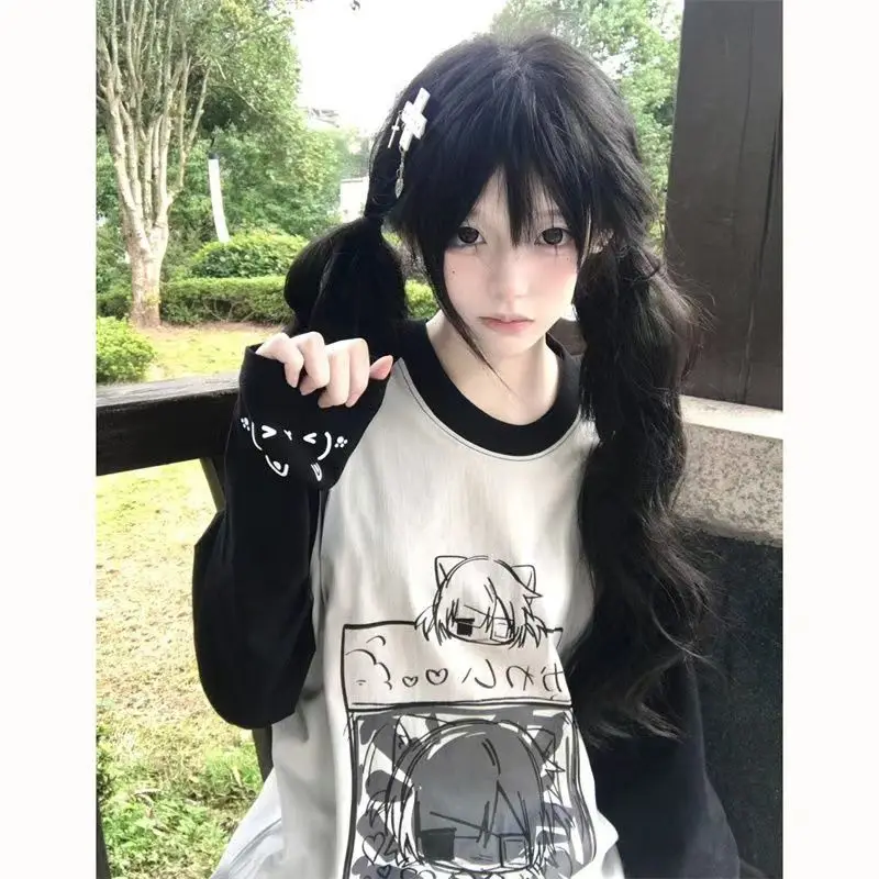Japonês contraste cor anime impressão bonito manga comprida em torno do pescoço camiseta para as mulheres outono novo solto algodão na moda y2k topo