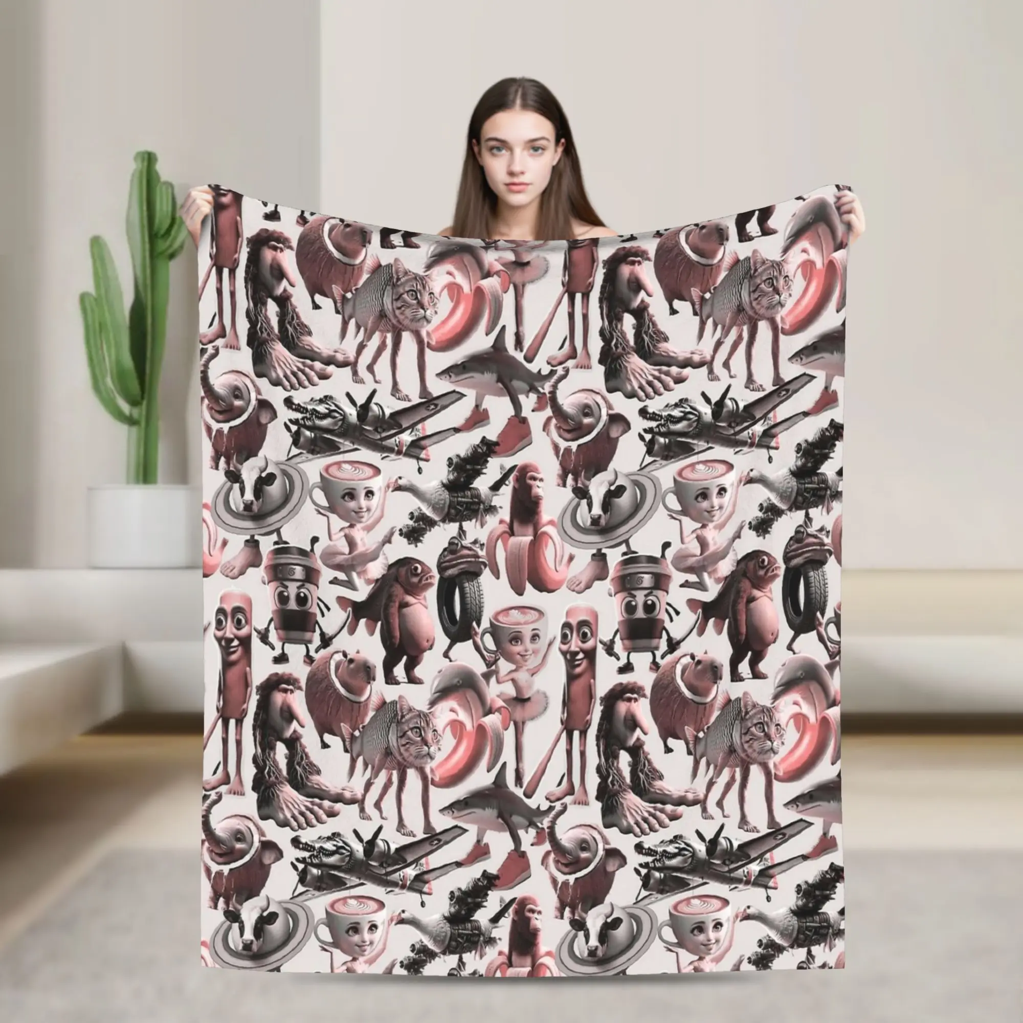 

Monochromatic Italian Brainrot Funny Meme Flannel Blanket Winter Soft Warm Throw Blanket Adult Bedroom Bedspread Sofa Bed Cover