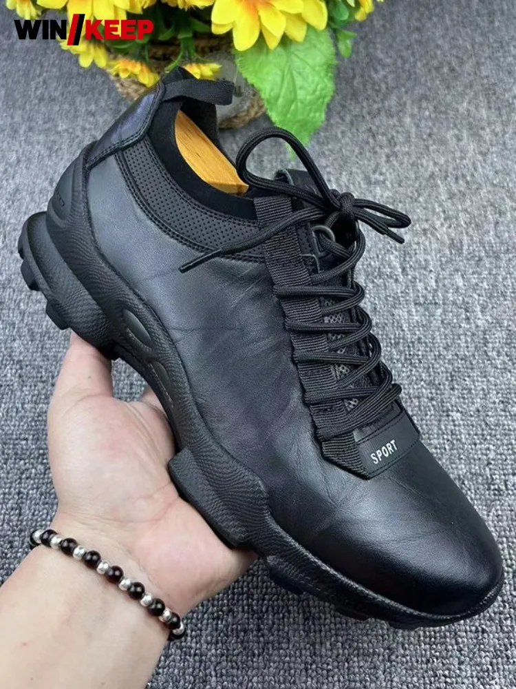 Mens Genuine Leather Sneakers Solid Color Lace Up Non Slip Outdoor Spring Autumn Breathable Cowhide Running Sports Trainers Male