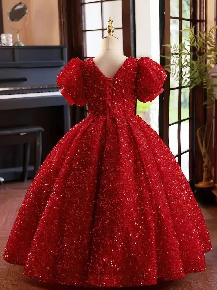 Flower Girl Dresses for Wedding Communion Party Gowns Shining Red Sequins short Sleeve Floor Length Princess Kids Birthday Party
