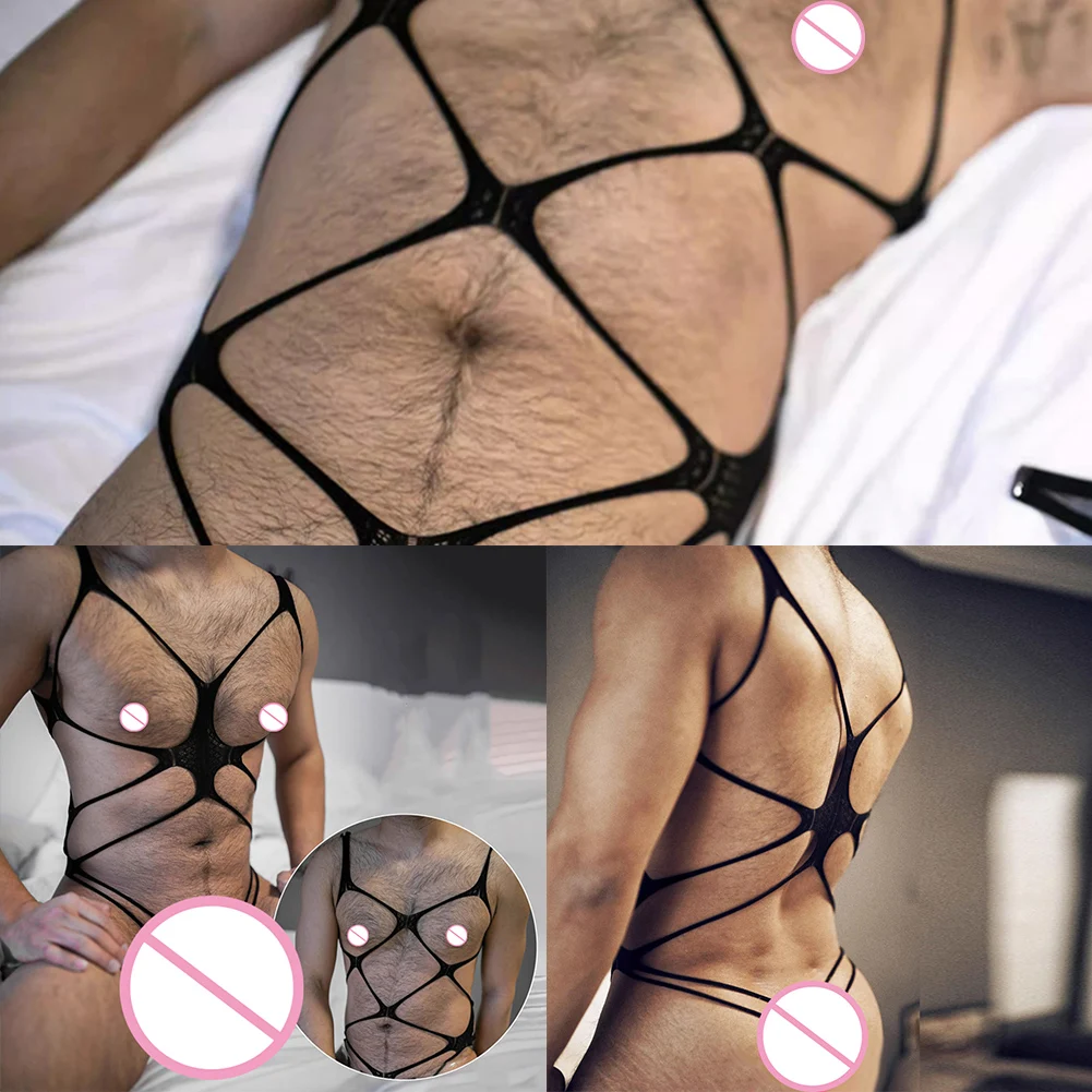 Men Leotard Sexy Breathable Mesh Bodysuit Pouch Slimming Underwear Nightclub See Through Body Stockings Fishnet Pantyhose