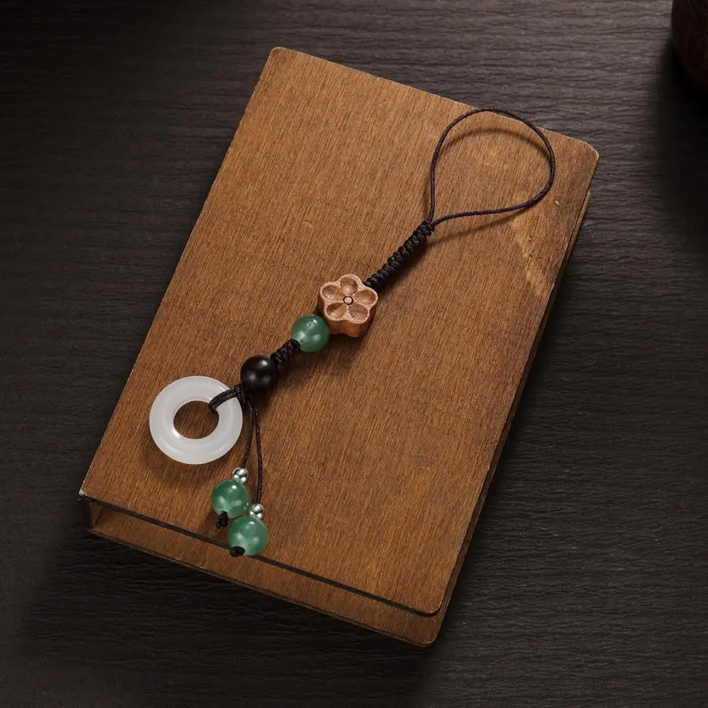 

Wooden Flower Phone Charm Braided Phone Strap with Wooden Flower Charm And Faux Jade Ring Chinese Style Phone Lanyard Pendant