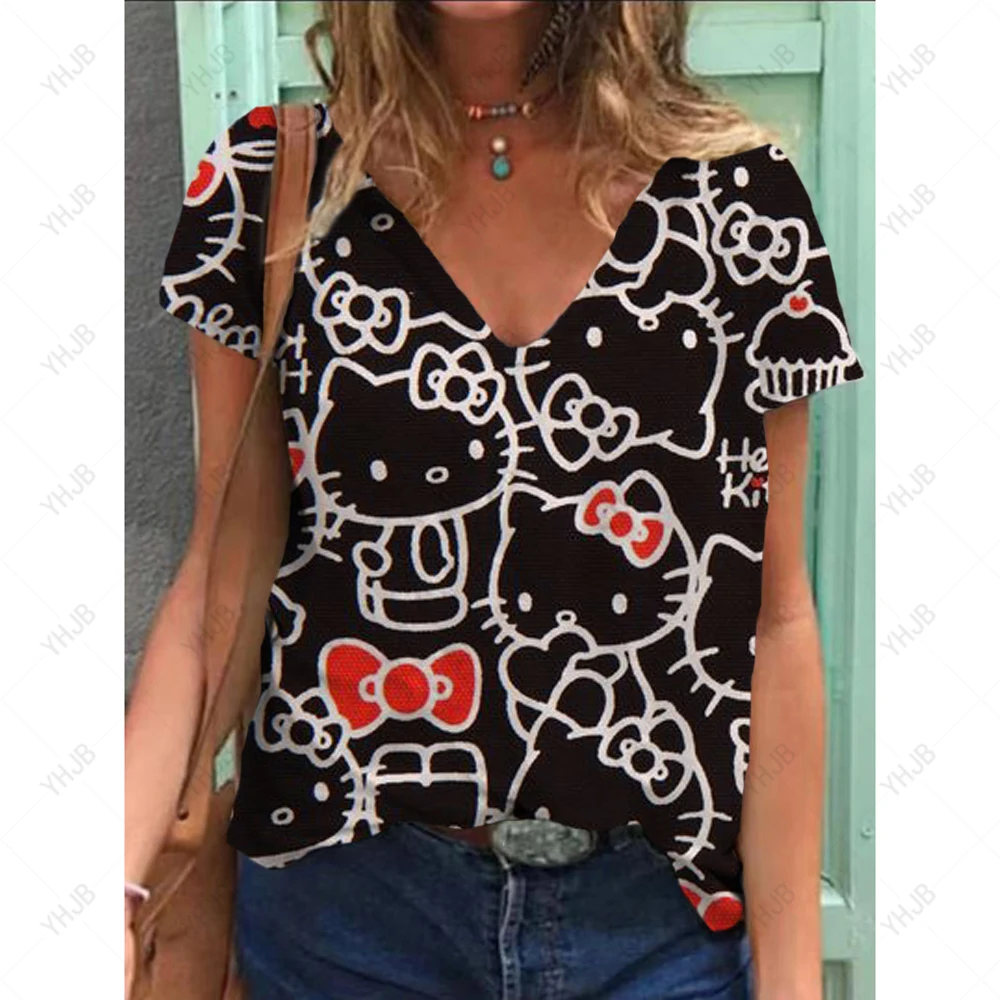 Hello Kitty V-neck  Female T Shirts  Graphic Top Women's Cartoon T-shirt Korean Popular Clothes Short Sleeve Woman Casual Tee