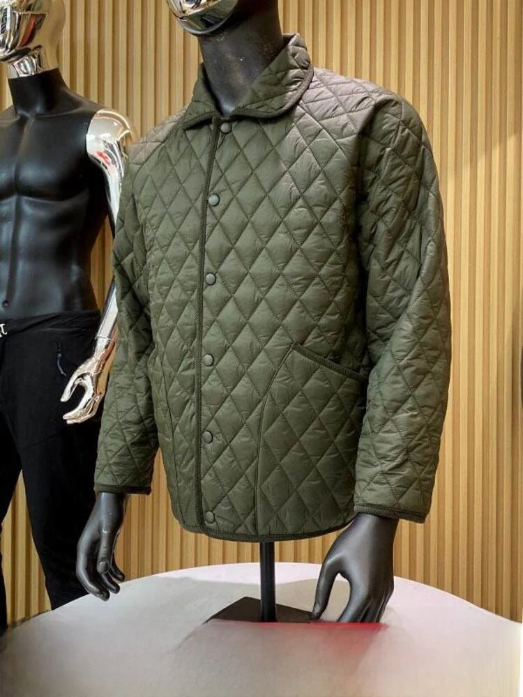 

Men's Fashionable Diamond Stitched Lapel Single Button Cotton Jacket Warehouse Coat Autumn Winter New Style Cleanfit Long Sleeve
