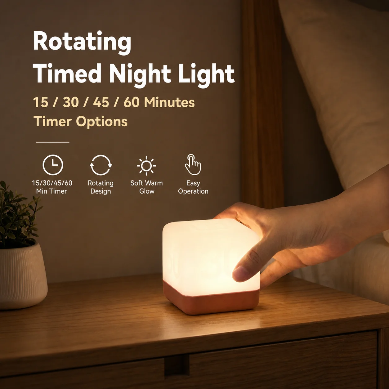 WWPPU Modern Minimalist Flip Timer Night Light, USB Rechargeable LED Cube Table Lamp, Bedside Sleep Ambient Light for Bedroom