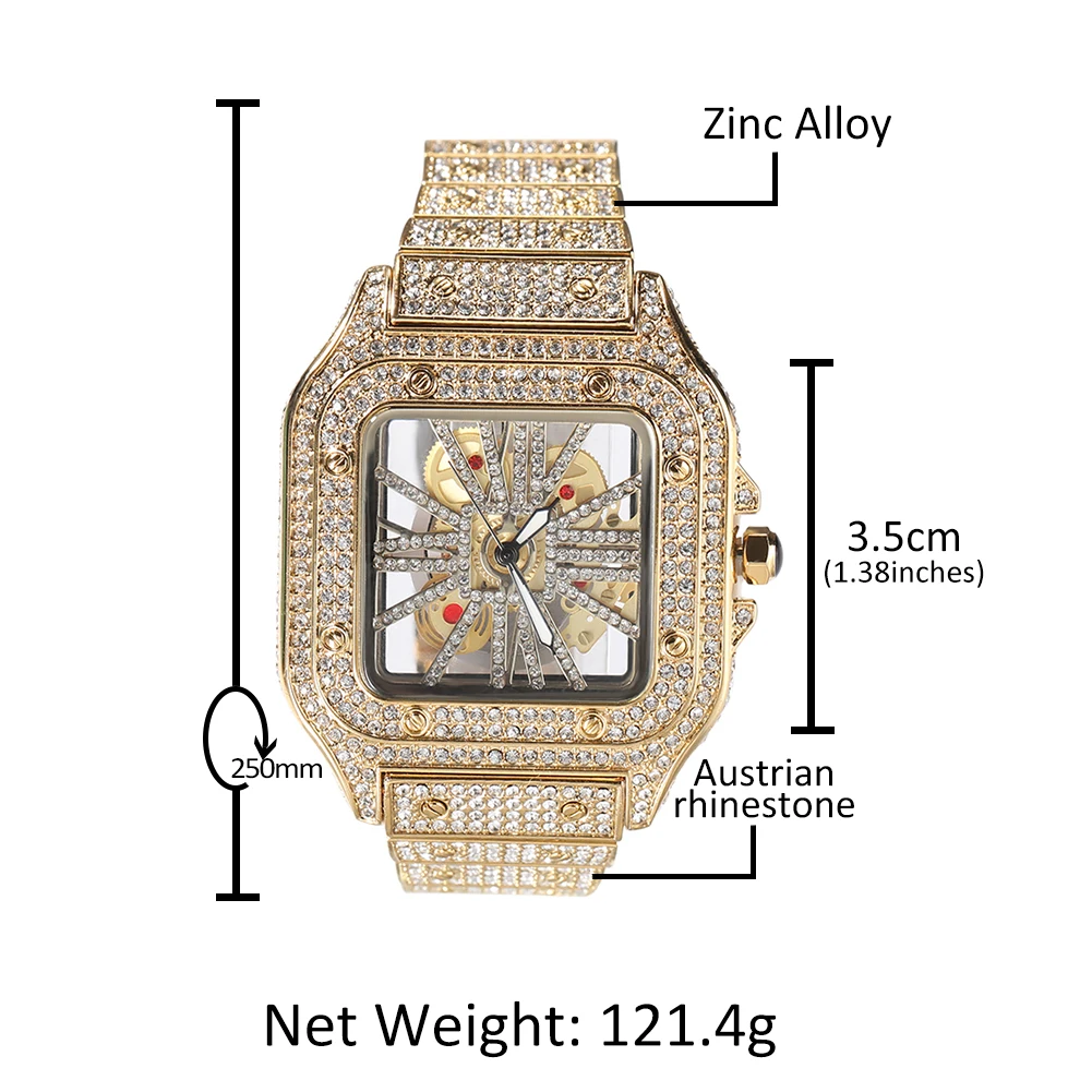 TBTK Iced Out Men Watch Square Dial Quartz Luxury Brand Automatic Wrist Watches Skeleton Clock Hiphop Relogio