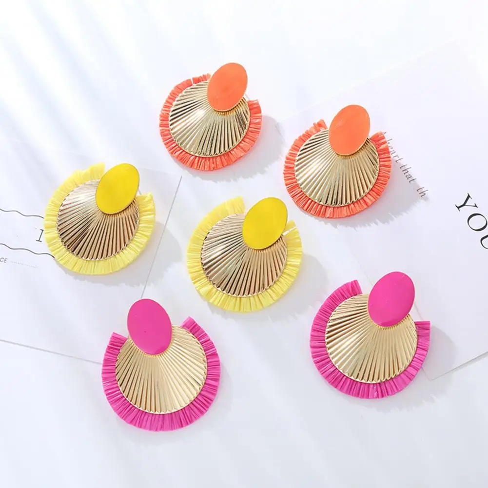 Lightweight Earrings Raffia Fan-shaped Earrings Bohemian Lightweight Stainless Vacation Earrings with Exaggerated Contrast Color