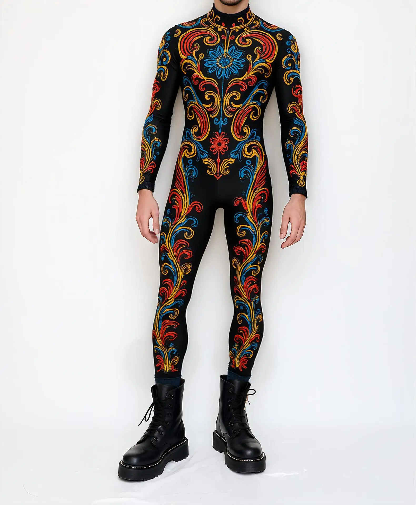 Bunter Kunstdruck Herren Feiertags-Party-Jumpsuit Erwachsenen Bühnen-Performance-Bodysuit Halloween Cosplay Karneval Radsport Zentai – Detail 12