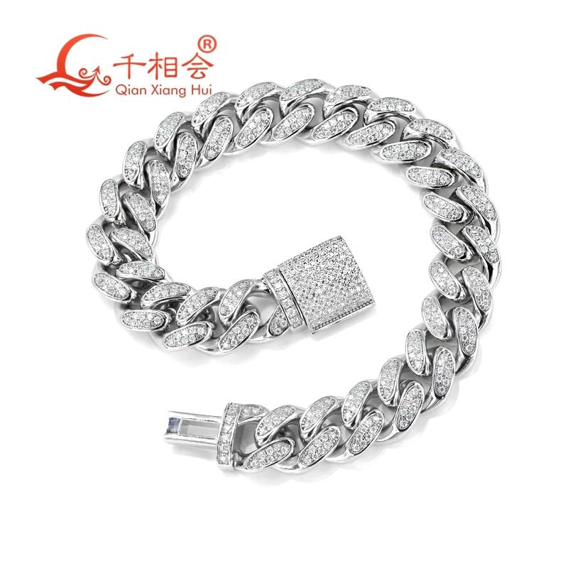 Bracelet 12mm width half moon kidney S925 Sterling Silver Cuban Chain Moissanite Diamond Hip Hop Style  Miami Cuban Link Chain