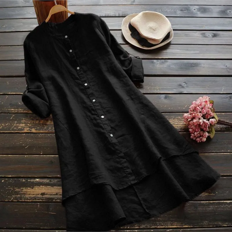 Fashion Solid Color Button Cotton And Linen Irregular Dress Women Spring Summer Casual Long Sleeve Loose Vintage Midi Dresses