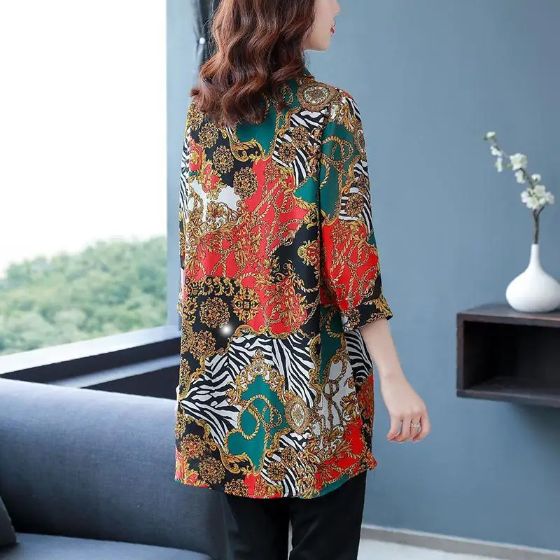 2023 Spring New Printed Oversized Women\'s Clothing Medium and Long Polo-Neck Single-breasted Loose Commute Simplicity Blouse